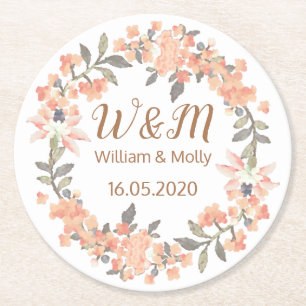 Vintage Apricot Floral Wedding Round Paper Coaster