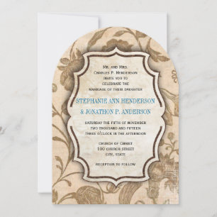 Vintage Aqua and Brown Floral Pattern Wedding Invitation