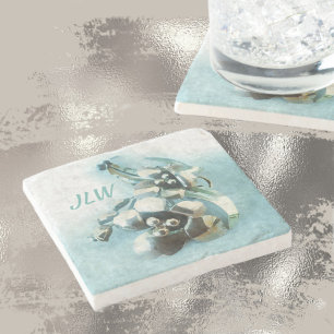 Vintage Aqua and Gold Lily Stone Coaster