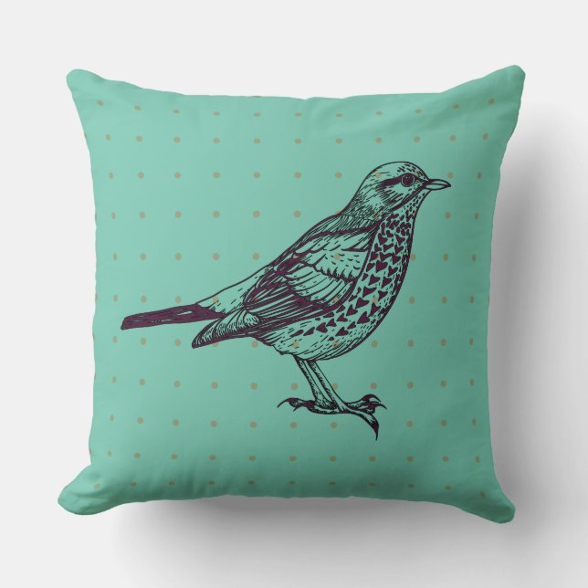 VINTAGE AQUA BIRD DESIGN Retro Throw Pillow (Front)
