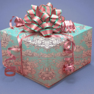 Vintage Aqua Blue French Floral Toile de Jouy Wrapping Paper