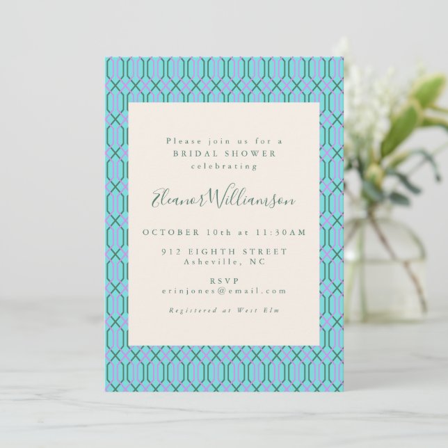 Vintage Aqua Blue Lines Pattern Bridal Shower Invitation (Standing Front)