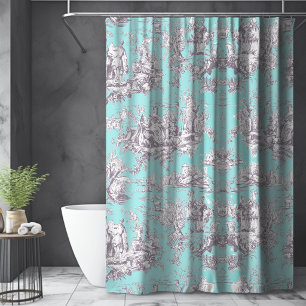 Vintage Aqua Blue Toile De Jouy Floral Shower Curtain