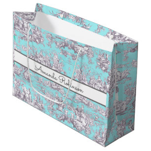 Vintage Aqua Blue Toile Floral Monogram Large Gift Bag