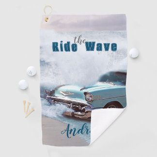 Vintage Aqua Car "Ride The Wave" Quote Ocean Beach Golf Towel