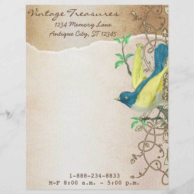 Vintage Aqua Damask Monogram Letterhead Design (Front)