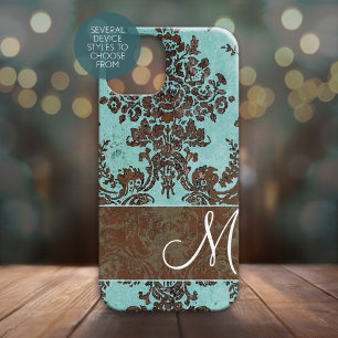 Vintage Aqua Damask Pattern with Monogram Case-Mate iPhone 14 Case