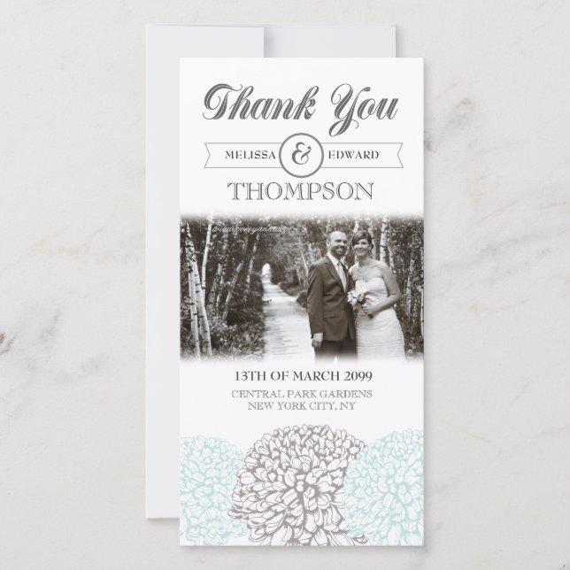 Vintage Aqua Flowers Thank You Wedding Photo Card (Front)