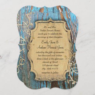 Vintage Aqua Gold Old Barn Wood Vine Swirl Wedding Invitation