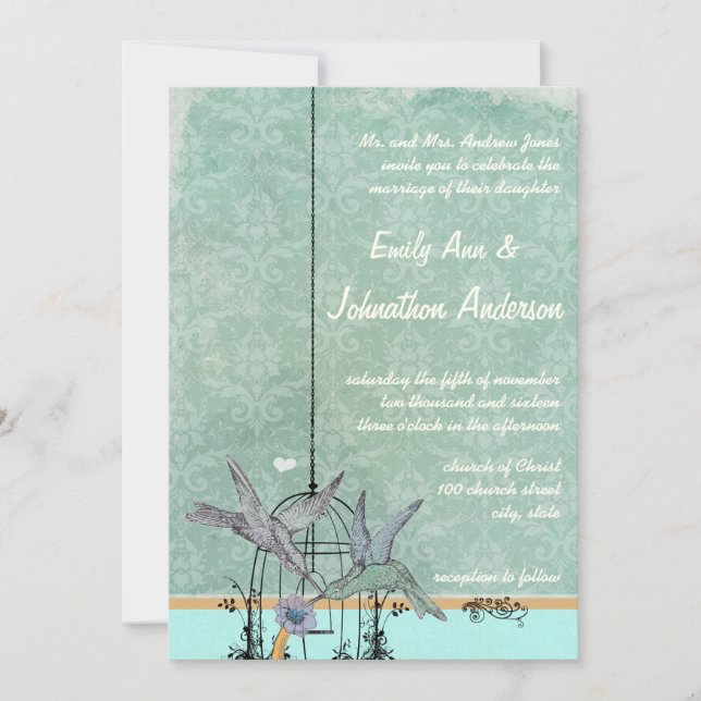 Vintage Aqua Love Bird Birdcage Wedding Invitation (Front)