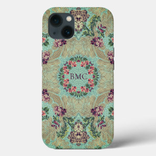 Vintage Aqua Purple Floral Remix with Initials iPhone 13 Case