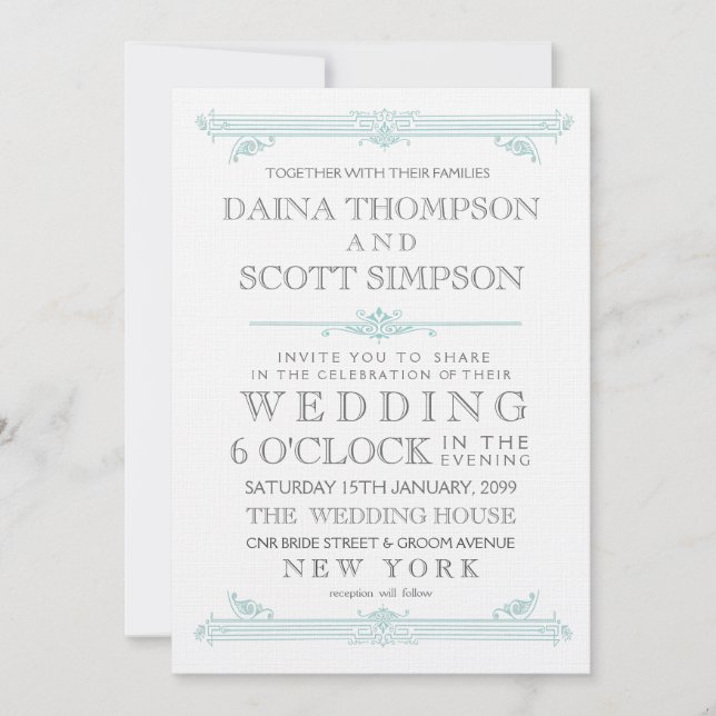 Vintage Aqua Turquoise Cross Hatch Wedding Invite (Front)