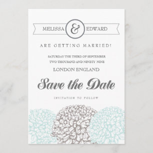 Vintage Aqua Zinnia Flowers Save the Date Invites