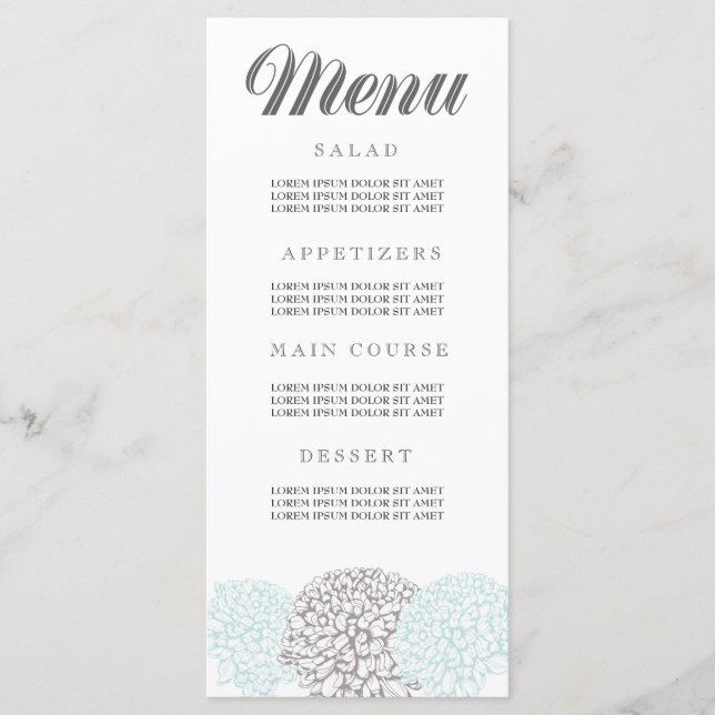 Vintage Aqua Zinnia Flowers Wedding Menu Cards (Front)