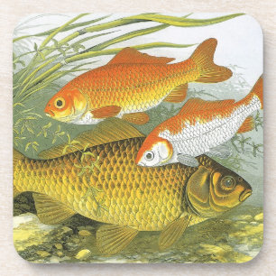 Vintage Aquatic Goldfish Koi Fish, Marine Sea Life Coaster