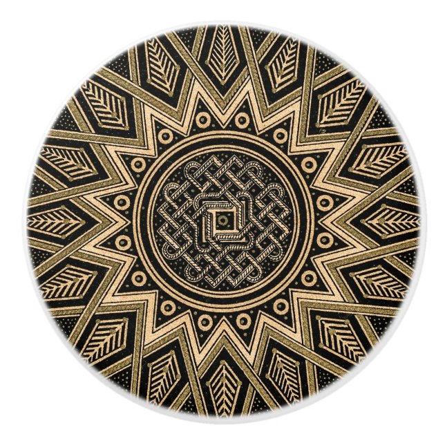 Vintage Arabian Intricate Black Beige Pattern Ceramic Knob (Front)