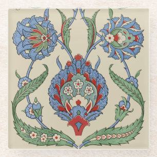 Vintage Arabic Blue Red Geometric Floral Art Print Glass Coaster