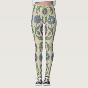 Vintage Arabic Blue Red Geometric Floral Art Print Leggings