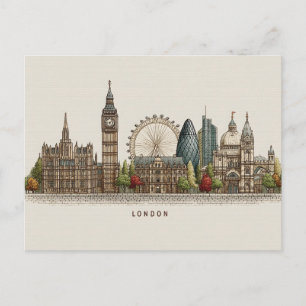 Vintage Architectural London Skyline Illustration Holiday Postcard