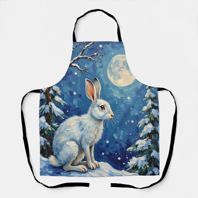 Vintage Arctic Hare in Winter Moonlight Christmas  Apron (Front)