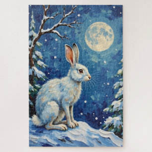 Vintage Arctic Hare in Winter Moonlight Christmas Jigsaw Puzzle