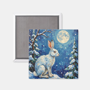 Vintage Arctic Hare in Winter Moonlight Christmas Magnet