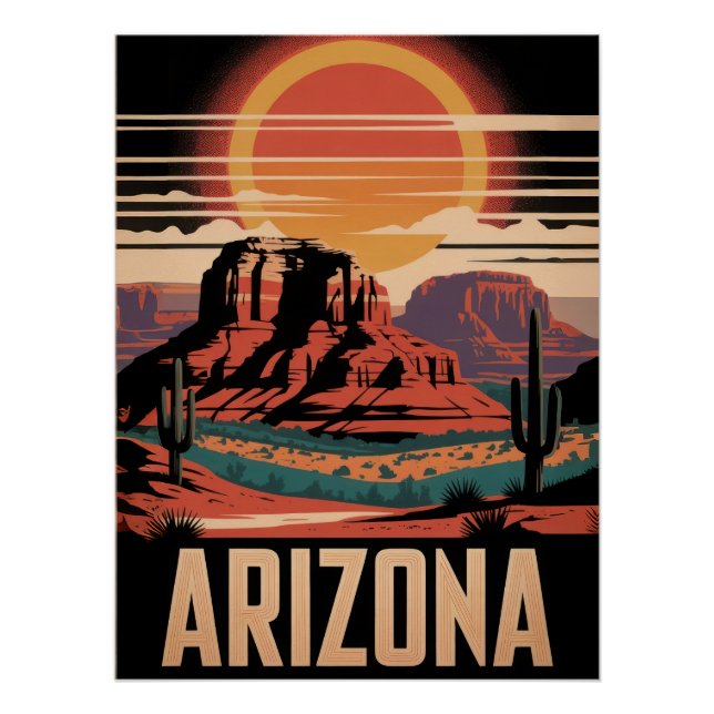Vintage Arizona Desert Sunset Cactus Landscape Poster (Front)