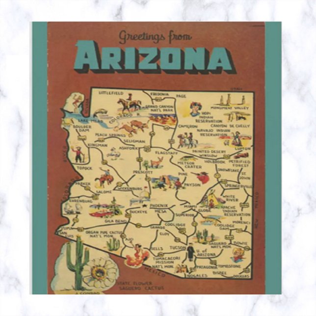 Vintage Arizona Map Cactus and Saguaro Blossom  Postcard (Creator Uploaded)