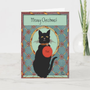 Vintage Art Black Cat "Meowy Christmas" Holiday Card