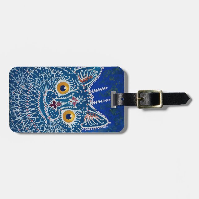 Vintage art blue cat luggage tag (Front Horizontal)