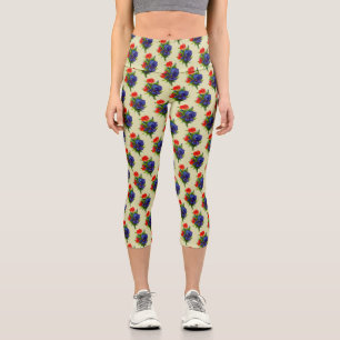 Vintage Art Blue Iris Flower Bouquet Pattern Capri Leggings