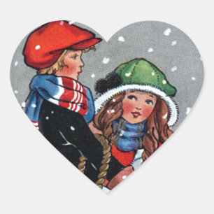 Vintage Art boy_n_girl_christmas Heart Sticker