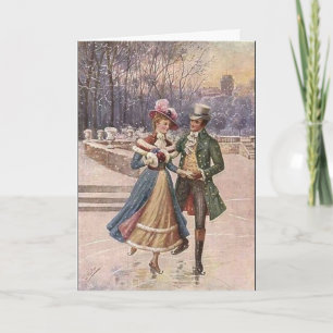 Vintage Art Christmas Ice Skating Card Holiday