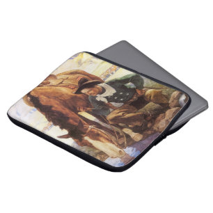 Vintage Art, Cowboy Watering His Horse by NC Wyeth Laptop Sleeve