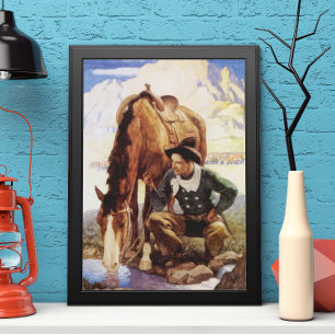Vintage Art, Cowboy Watering His Horse by NC Wyeth Poster