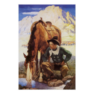 Vintage Art, Cowboy Watering His Horse by NC Wyeth Poster