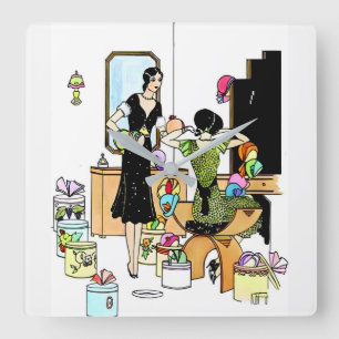 Vintage Art Deco 1920s Hat Shop Illustration  Square Wall Clock