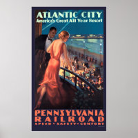 Vintage Art Deco Atlantic City At Night Travel