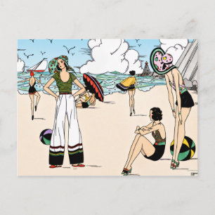 Vintage Art Deco Beach Illustration 1920s Coastal Postcard