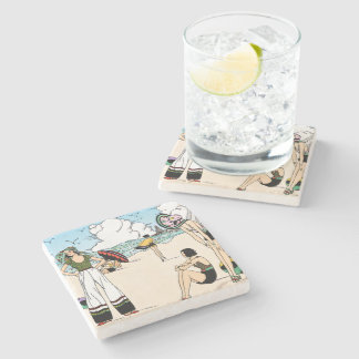 Vintage Art Deco Beach Illustration 1920s Coastal Stone Coaster