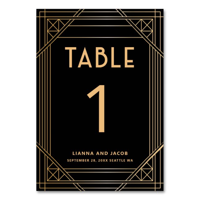 Vintage Art Deco Black Gold Wedding Table Number (Front)