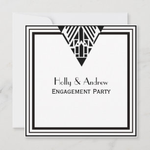 Vintage Art Deco Black Wht Frame #1 SQ Engagement Invitation