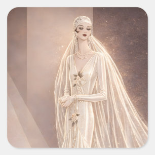 Vintage Art Deco Bridal Fashion Illustration Square Sticker