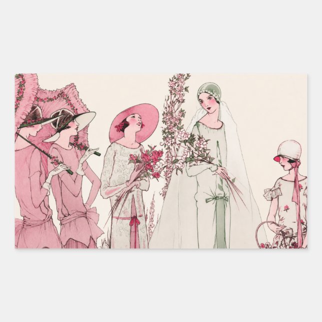 Vintage Art Deco Bridal Party Illustration Rectangular Sticker (Front)