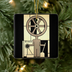 Vintage Art Deco Business Wheel and Machine Worker Ceramic Ornament