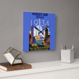 Vintage Art Deco Chicago 1934 World's Fair Poster Square Wall Clock