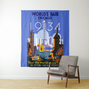 Vintage Art Deco Chicago 1934 World's Fair Poster Tapestry