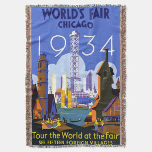 Vintage Art Deco Chicago 1934 World's Fair Poster Throw Blanket