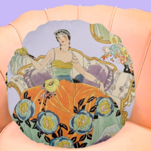 Vintage Art Deco Fashion Illustration  Elegant  Round Cushion