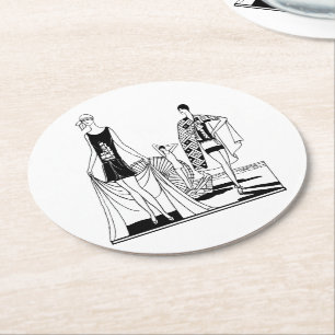 Vintage Art Deco Fashionable Ladies at the Beach Round Paper Coaster